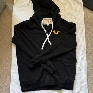 True Religion Black Zip-Up Hoodie with Gold Emblem